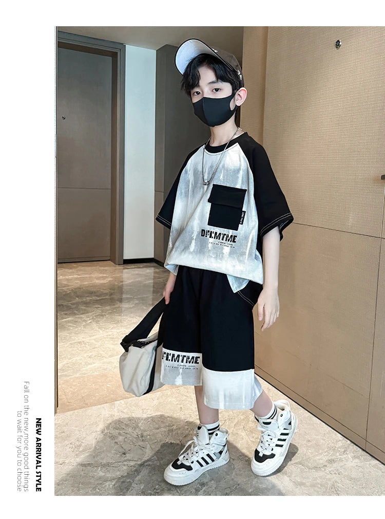 Boys Clothes Sets With Front Pocket 2025 Summer New Tshirts + Shorts Children's Clothes High Quality Kids Boy Sport Suits 5-14T