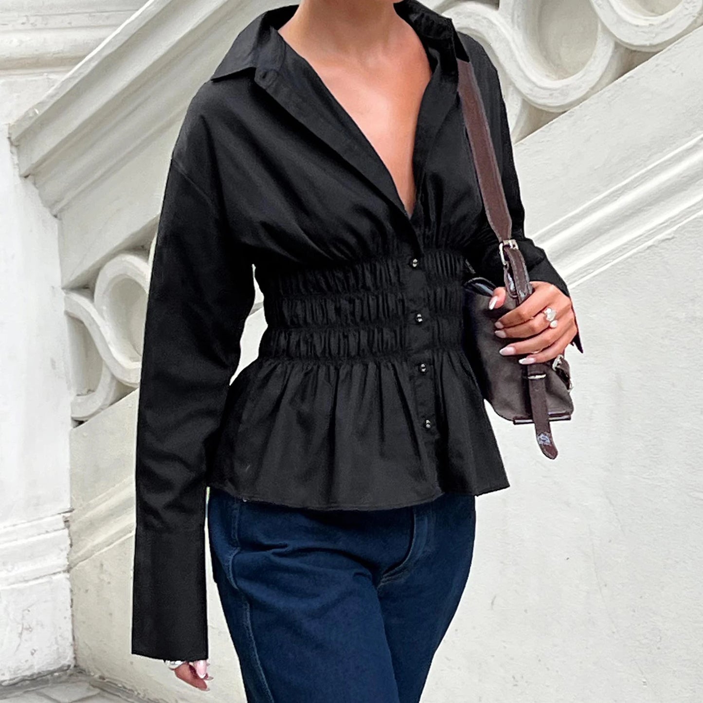 Women Chic Vintage Blouse Tops Ladies Fashion Classic Shirt Autumn Scrunched Button Up Long Sleeve Turn Down Collar T-shirt
