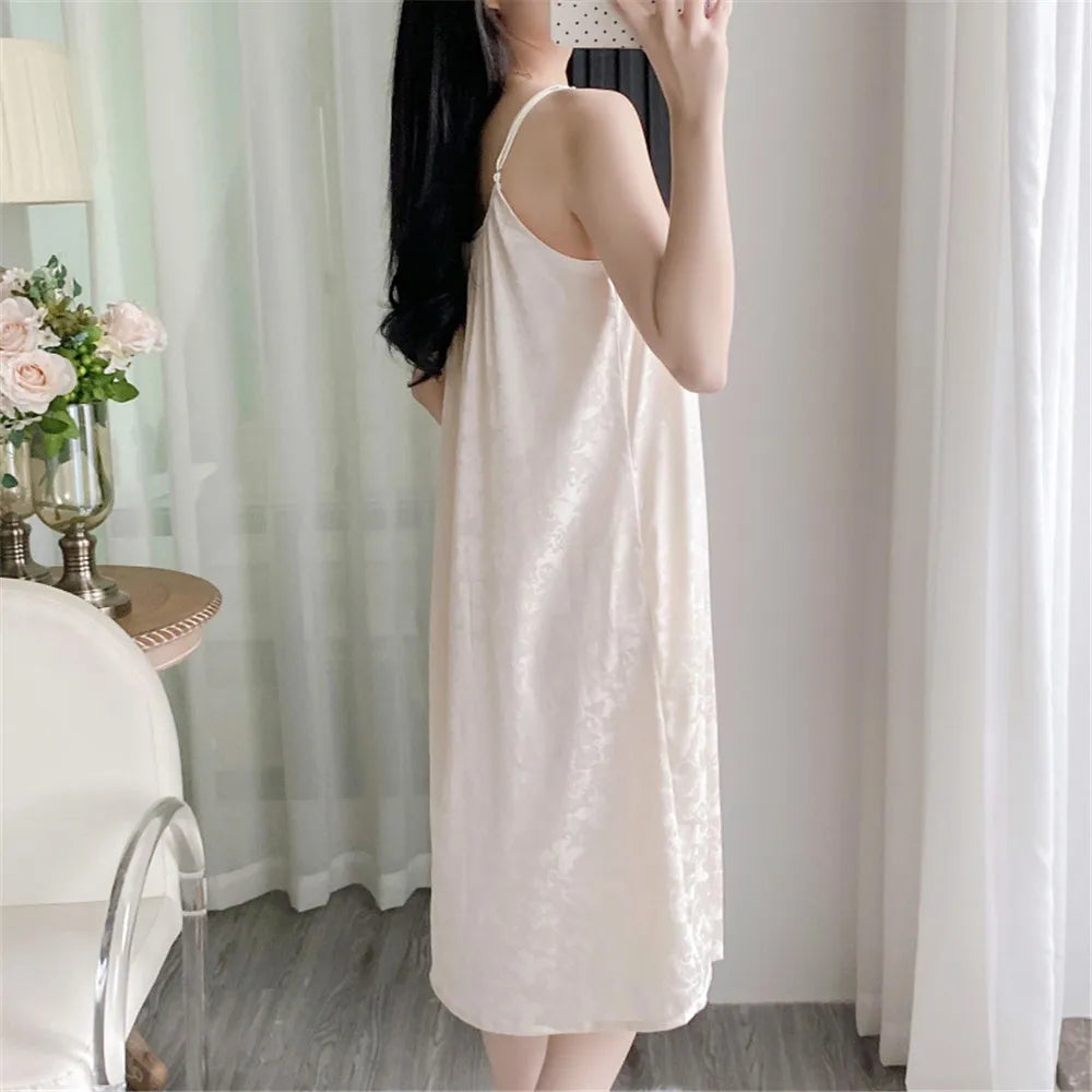 Chinese Women Nightwear Home Clothes Sexy Jacquard Satin Nightdress Sleepwear Nightshirts Silk Sleepshirts Nightgowns For Woman