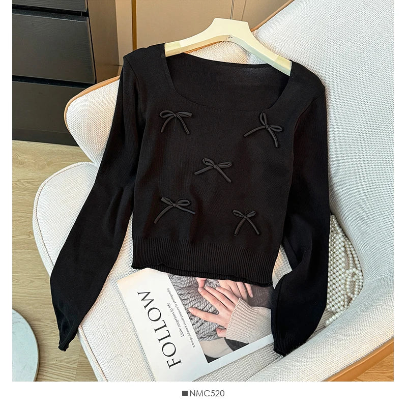 Women Bow Cute Knitted Crop Tops Long Sleeve Square Collar Slim Black Pullover Sweater Female 2025 Autumn And Winter