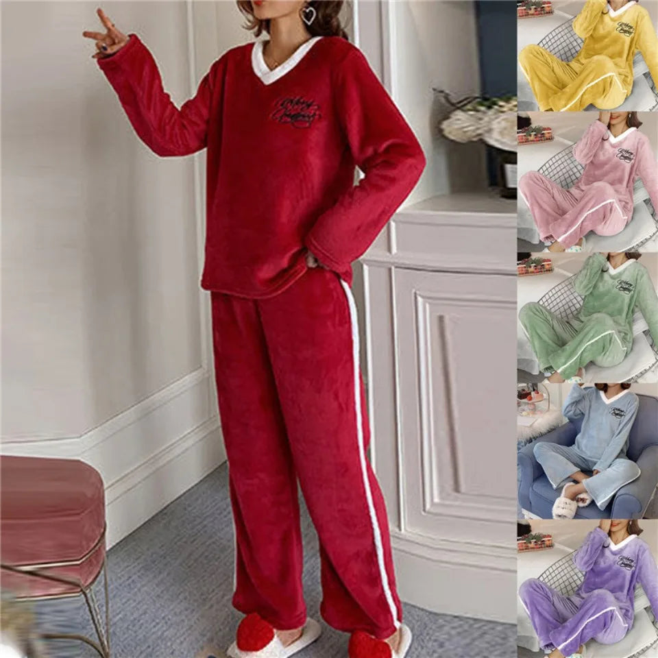Autumn Winter Flannel Women's Pajamas Sets Polka Dots Printed Teddy Sleepwear Velvet Homewear Kawaii Girsl Pijamas Mujer Pyjama