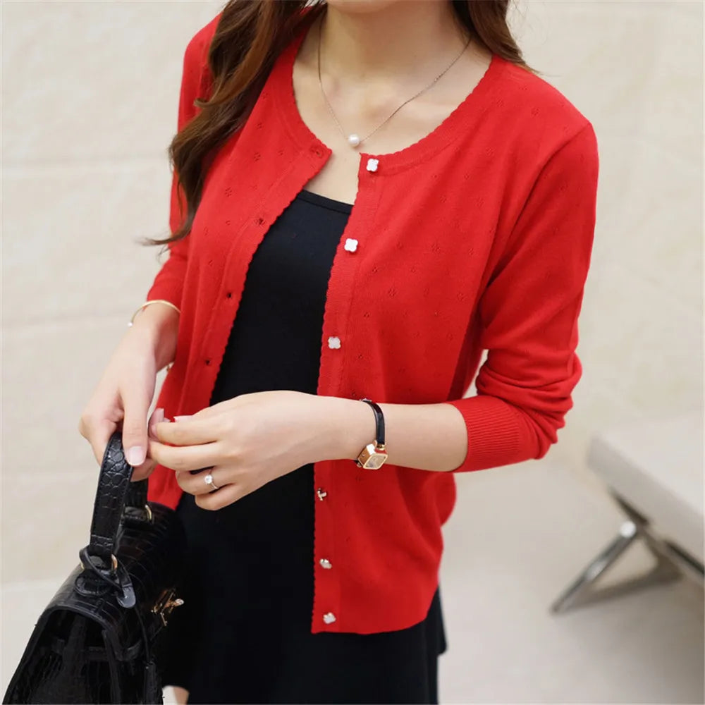 Fashion Korean Sweater Women Short Cardigan Coat Ladies Female Knit Sweater Long Sleeve Crochet Casual Cardigans Woman BasicTops