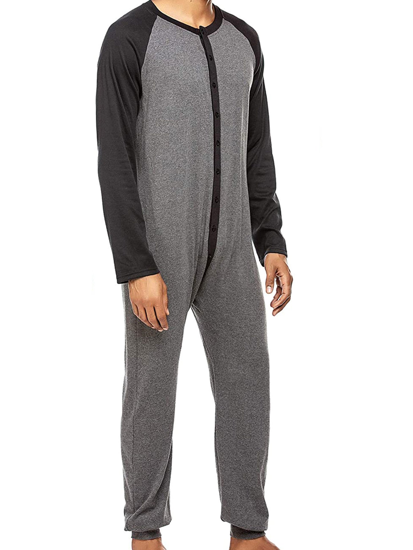 Men s Button Down  s Pajama Long Sleeve Round Neck Color Block Jumpsuit Nightwear For Adults