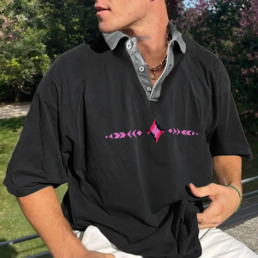 2025 Summer Surfing Polo Shirt for Men - Ethnic Print Contrast Color Stitching Unisex Oversized T-Shirt Casual Streetwear Fashio