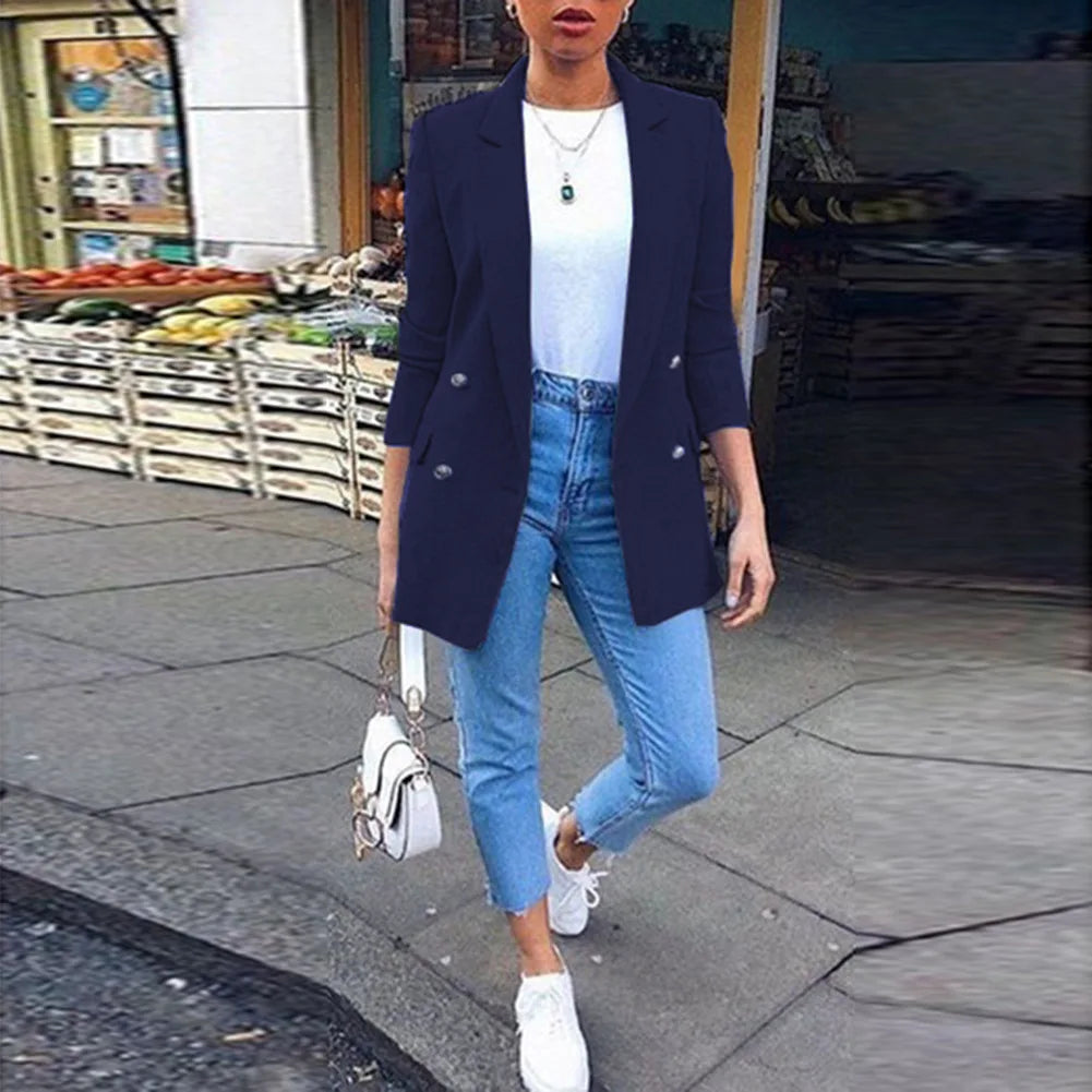 2023 Autumn/Winter New Women's Solid Button Women's Suit Fashion Pocket Polo Collar Cardigan Temperament Suit Coat Office Lady