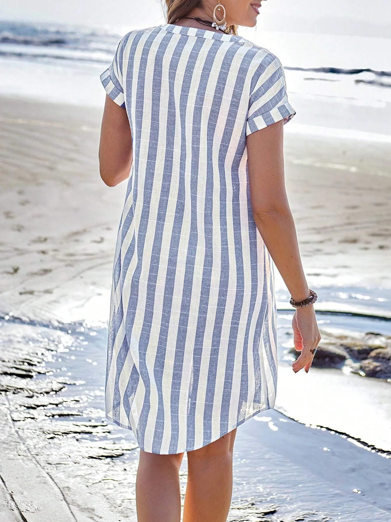 Women's Fashion Summer Shirt Dress Elegant Casual Striped Stand Collar Front Button Loose Short Sleeves Dresses