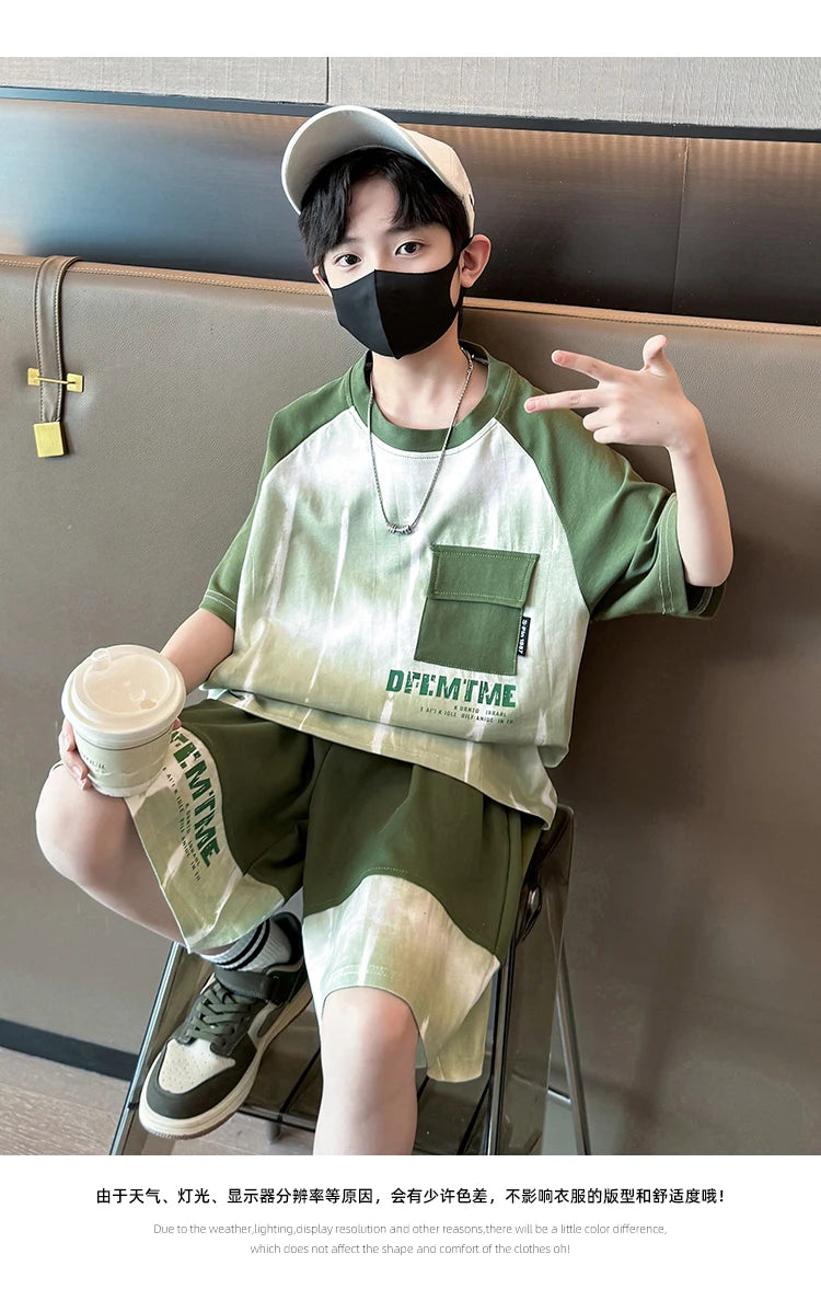 Boys Clothes Sets With Front Pocket 2025 Summer New Tshirts + Shorts Children's Clothes High Quality Kids Boy Sport Suits 5-14T