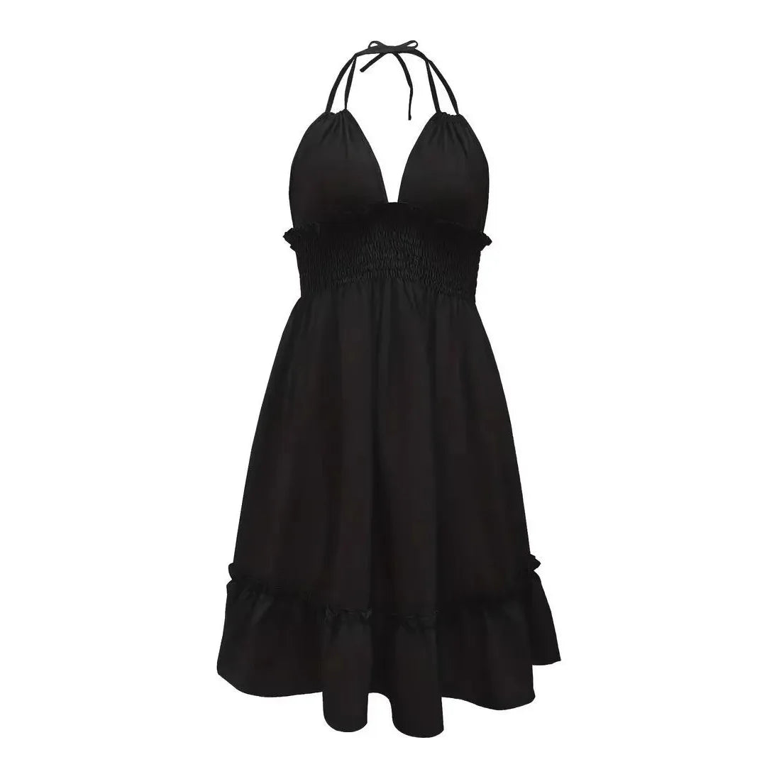 Women's Clothing European Dresses popular deep V-rope suspender black fungus edge parallel wrinkled seam backless sexy dress