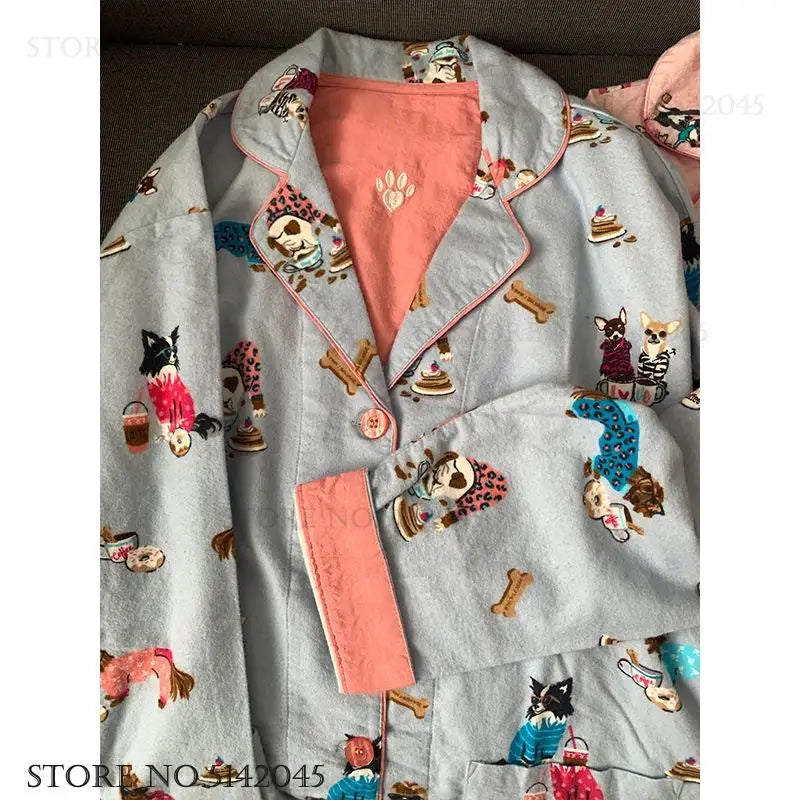 Fashion Cartoon Pijama Mujer Lencerias Cotton Long Sleeve Trouser Suits Sleepwear Loose Casual Home Clothes Loungewear Pyjama
