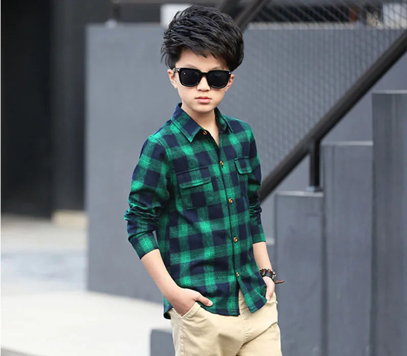 Boys Shirts Fashion Children Plaid Shirts Cotton Long Sleeve Boys Tops Shirt Teenage Kids Boys Clothes 5 6 8 9 10 12 14 15 Years