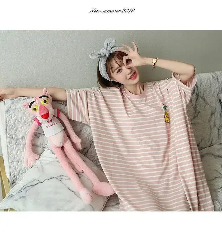 Summer Pajama Dress Female Short-Sleeved Cartoon Homewear Lengthened Plus Size Striped Student Pajamas Easy To Wash Long Clothes