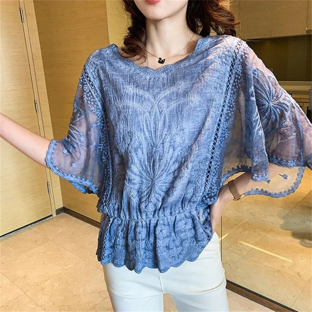 Fashion Women Blouses Spring New Chiffon Blouse Cotton Edge Lace Blouses Shirt Butterfly Flower Women Shirt Tops Blusas Hedging