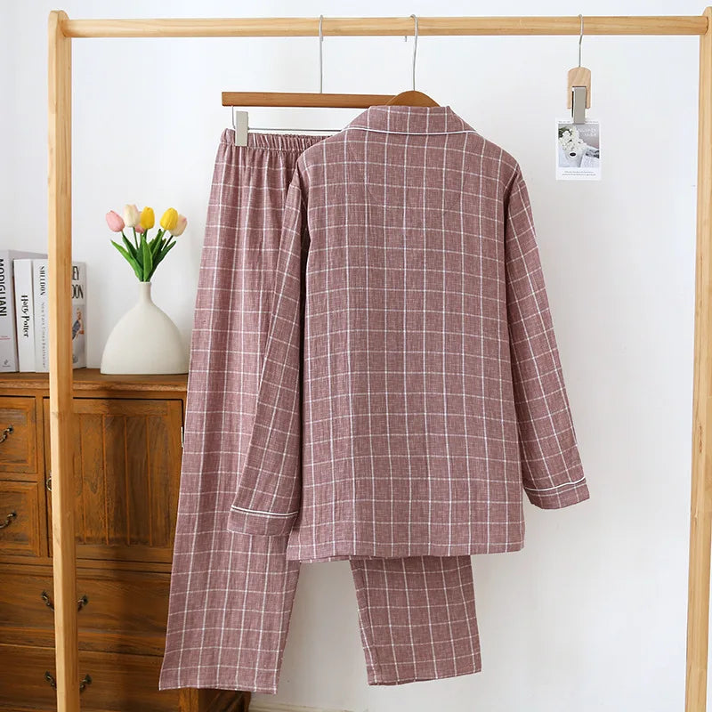 2025 Japanese New Men's Spring/Summer Pajama Set 100% Cotton Plaid Long Sleeve Pants Two Piece Set Large Relaxed Home Furnishing