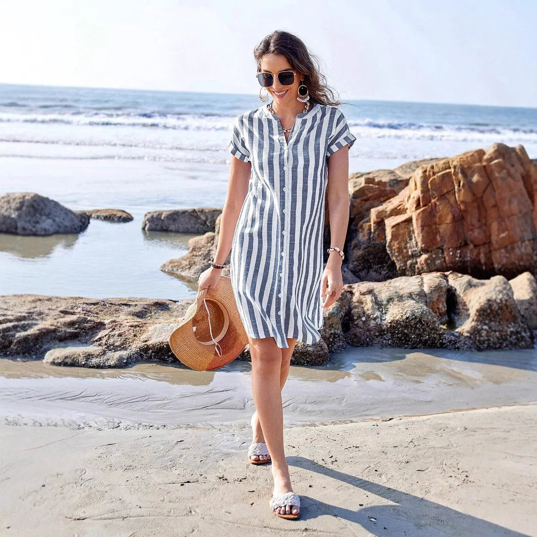 Women's Fashion Summer Shirt Dress Elegant Casual Striped Stand Collar Front Button Loose Short Sleeves Dresses