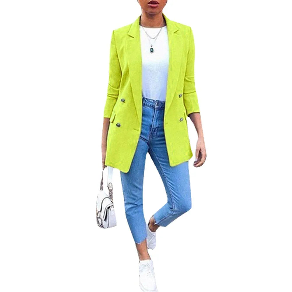 2023 Autumn/Winter New Women's Solid Button Women's Suit Fashion Pocket Polo Collar Cardigan Temperament Suit Coat Office Lady