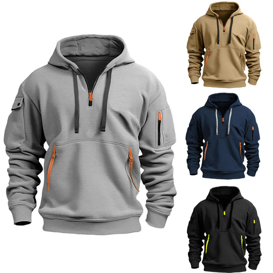 Men's fashion hoodie Spring and autumn new arm zipper multi-pocket streamer pullover men's sports casual long-sleeved hoodie