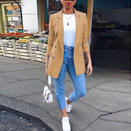 2023 Autumn/Winter New Women's Solid Button Women's Suit Fashion Pocket Polo Collar Cardigan Temperament Suit Coat Office Lady