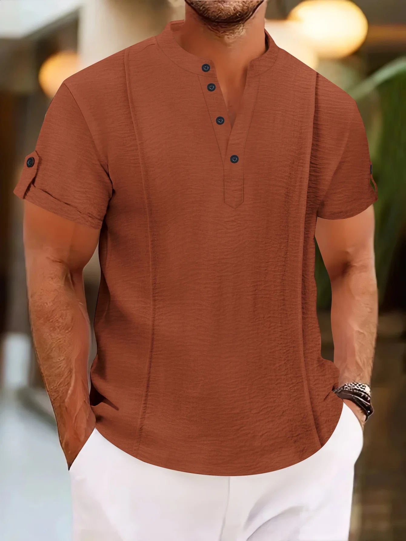 Men's summer new style standing collar short-sleeved POLO Shirts double button front casual outdoor beach wind solid color Tops