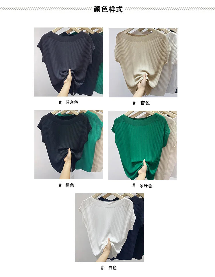 2025 New Spring Autumn Fashion Straight Neck  Knitted Sweater Short Sleeve Women Solid Color Simple Casual Tops Fema