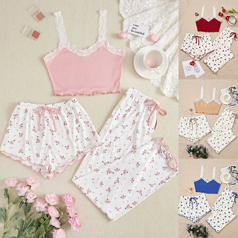 Pajama Sets Women Three Pieces Set Tank Tops Print Shorts Long Pant Suits Casual Sleep Lounge Sweet Lady Sleepwear Summer