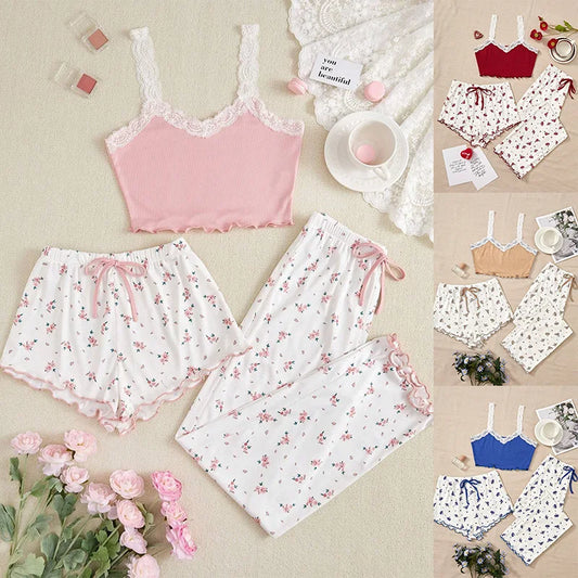 Pajama Sets Women Three Pieces Set Tank Tops Print Shorts Long Pant Suits Casual Sleep Lounge Sweet Lady Sleepwear Summer