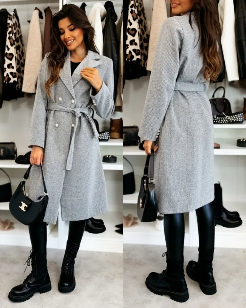 Women's Woolen Coat Autumn Winter Vintage Elegant Double Breasted Trench Coat Women Brown Long Sleeved Midi Windbreaker Jacket
