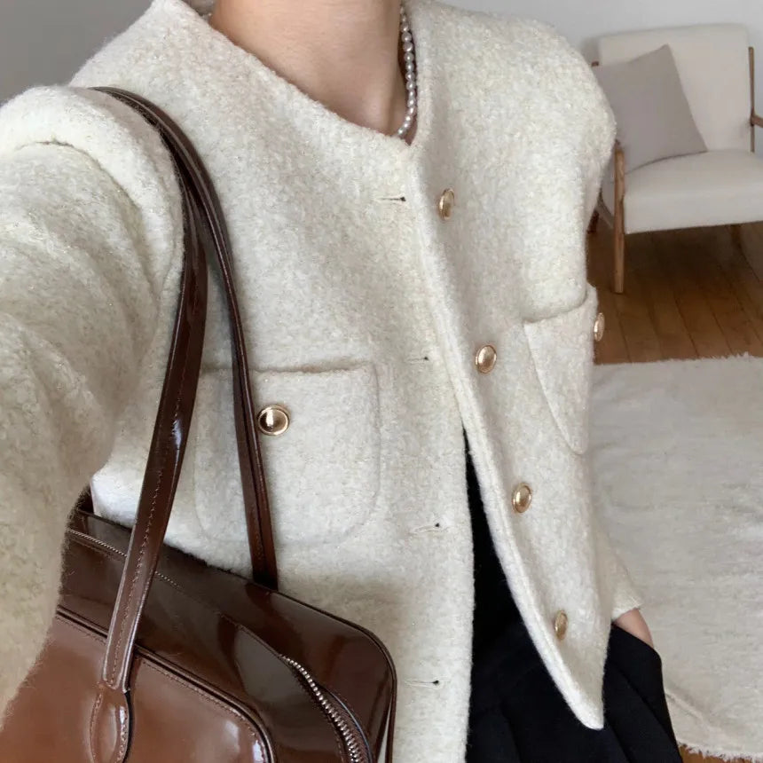 Women Autumn Winter 2025 French Vintage Coat Temperament High Quality Korean Casual Single Breasted Slim Tweed Jackets