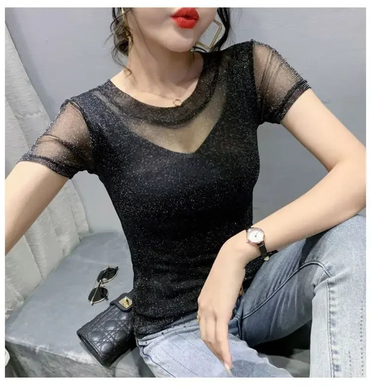 Summer Women Clothing 2025 New Half-sleeved Fashionable Short-sleeved T-shirt Hollow Mesh Top Lace Pullover