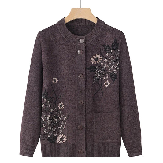Korean Women's Clothes New Knit Woolen Printed Cardigan Coat Middle Aged Mother Knitwear Tops Vintage Grandma Sweater Jacket