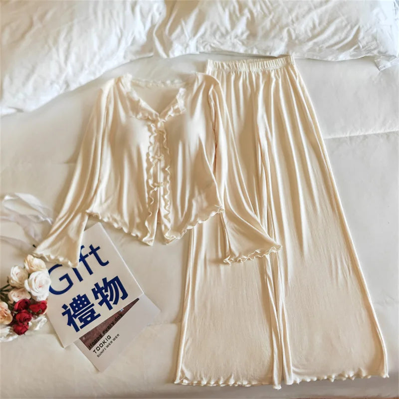 Pijama Feminina New Modal Chest Pad Set 2 Piece Woman Long Sleeve Pajama Sets Casual Korean Sleepwear Pyjamas Femme Home Wear