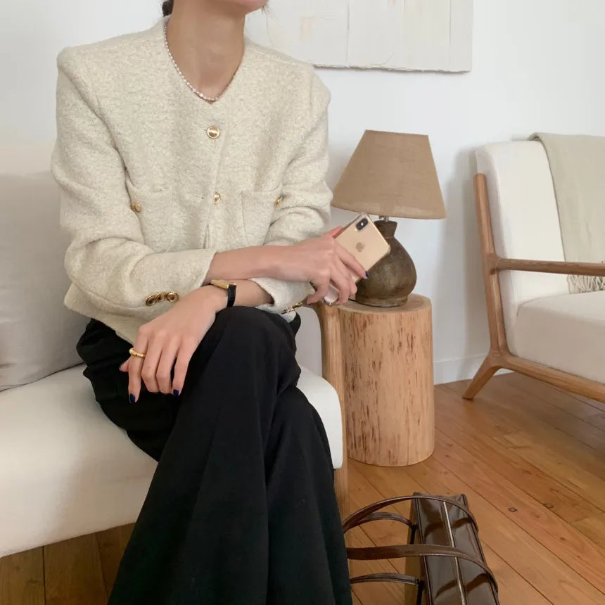 Women Autumn Winter 2025 French Vintage Coat Temperament High Quality Korean Casual Single Breasted Slim Tweed Jackets