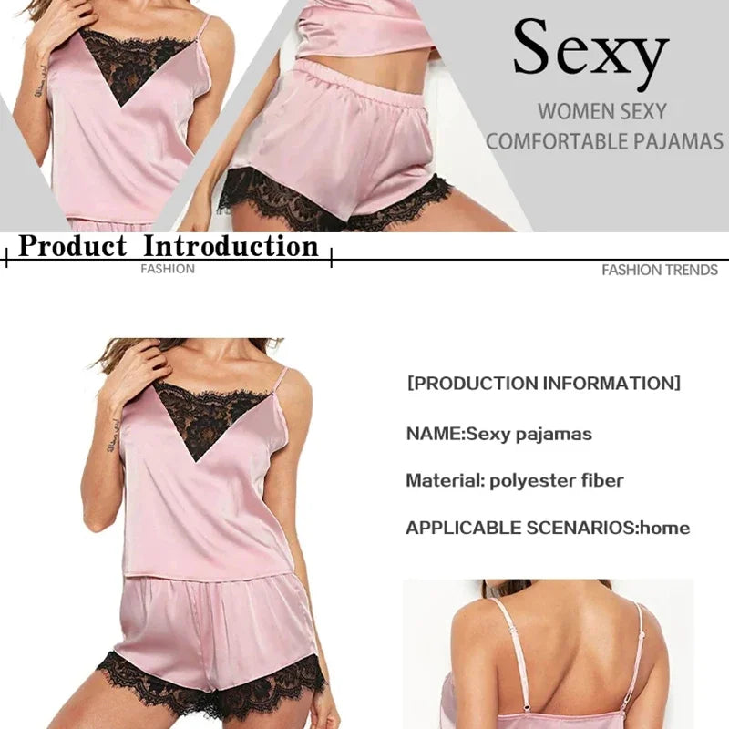 Lace Pajama Sets Ice Silk Women Pijama Mujer Strap Sleeveless Sexy Sleepwear Short Lingerie Set Female Night Wear