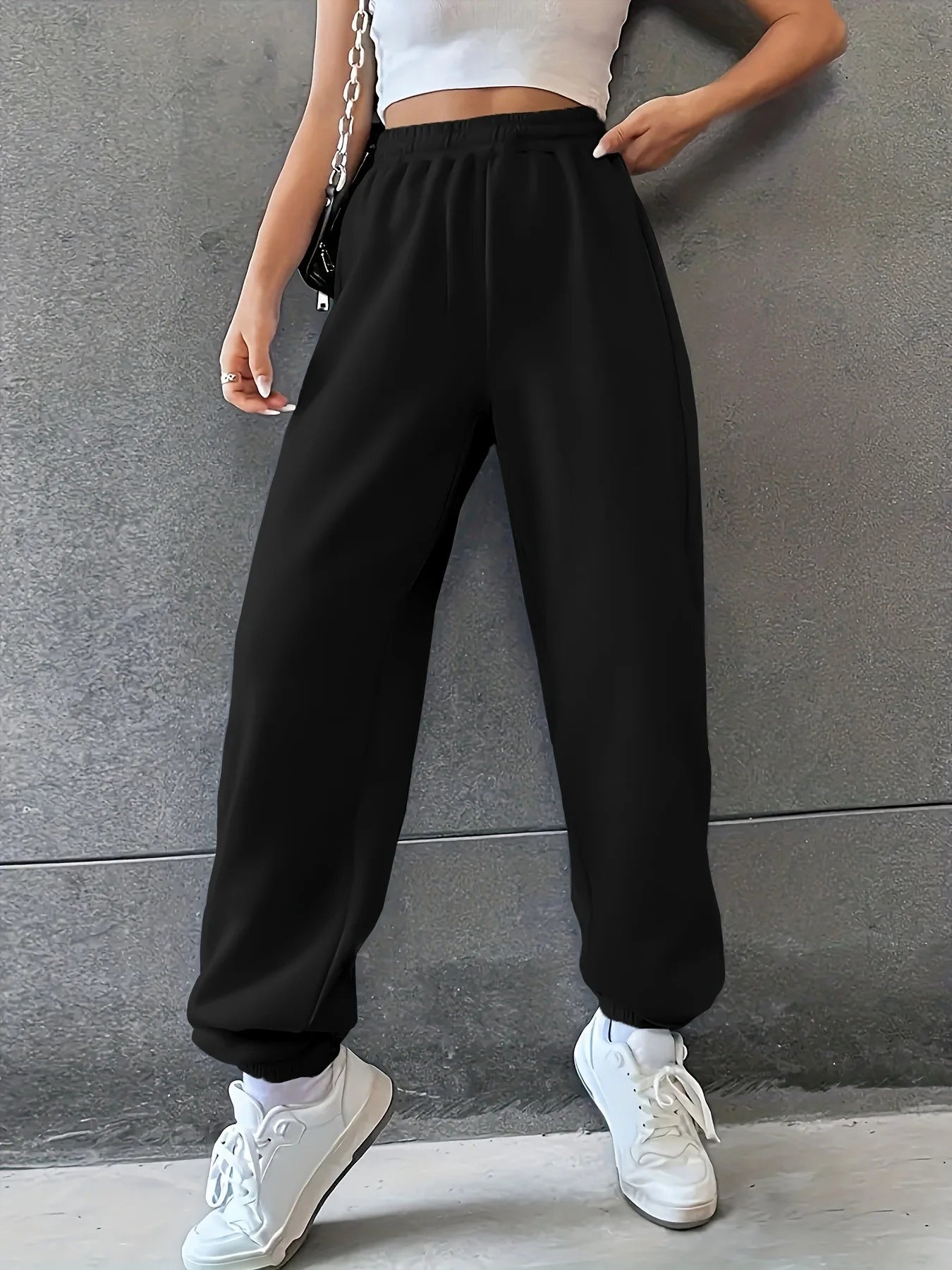 Women's Fashion Pants Casual Loose Sweatpants Drawstring Pants Solid Colour Elastic Waist Female Pants New Street Wear