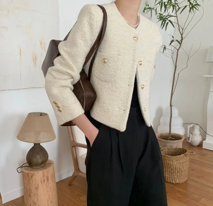 Women Autumn Winter 2025 French Vintage Coat Temperament High Quality Korean Casual Single Breasted Slim Tweed Jackets