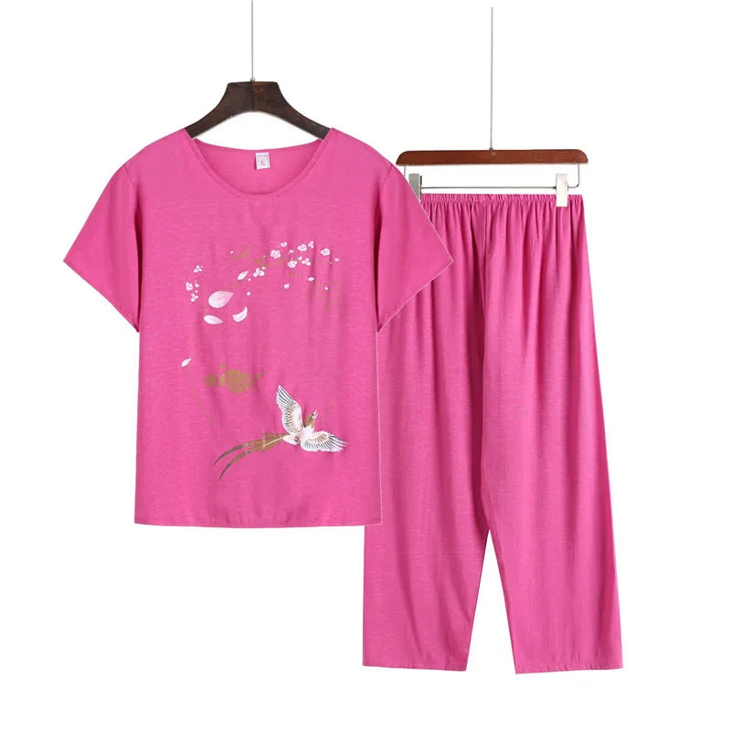 Pyjama Pour Femme Casual Cotton Linen Sleepwear Set Vintage Printed Middle Aged Mother Short Sleeve Pajamas Women Home Suit