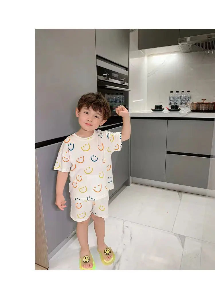 Summer Home Clothes Air-conditioned Clothes Boys and Girls Ice Silk Fabric Loose Short Sleeved Shorts Two-piece Set of Pajamas