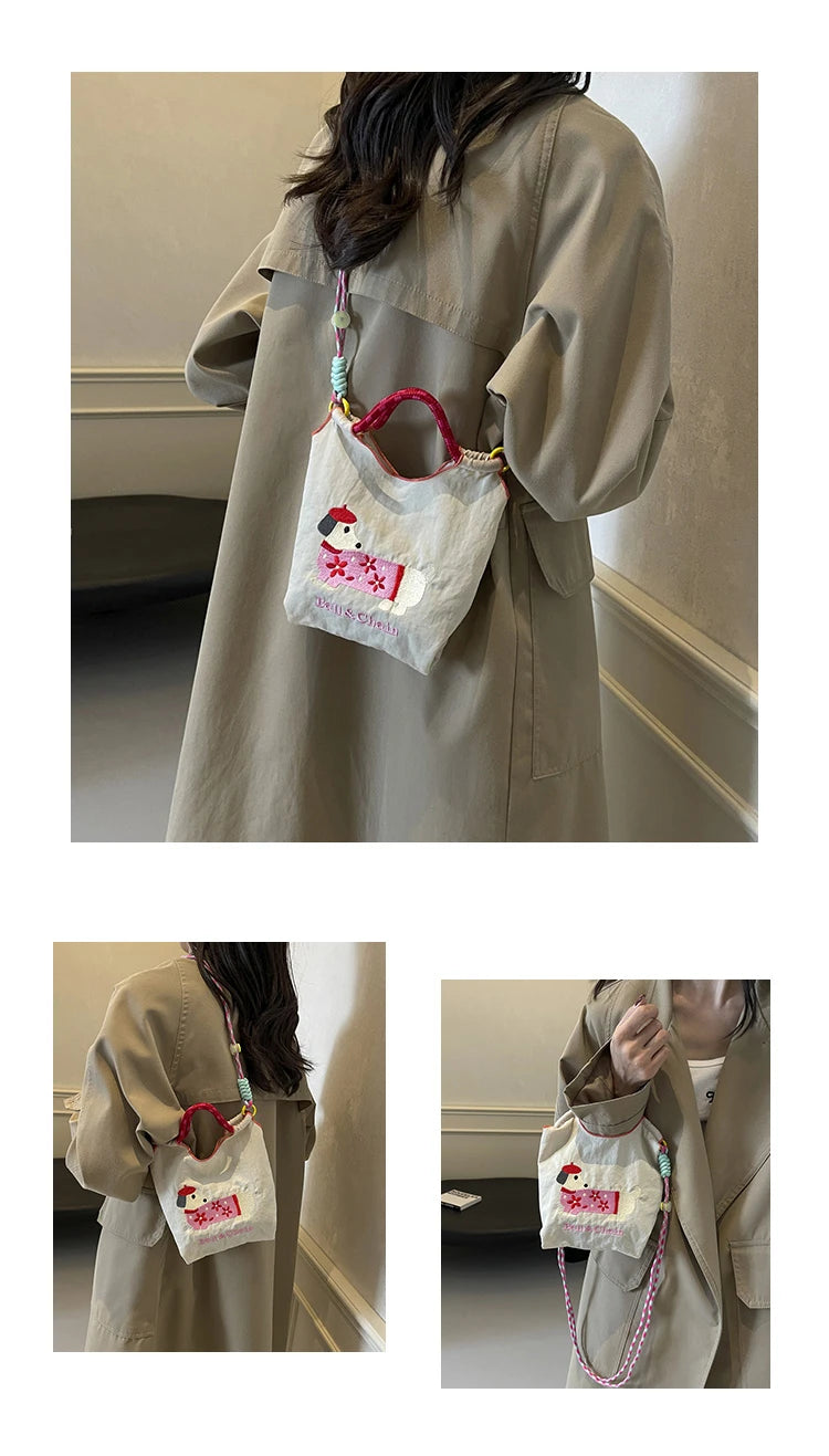 Cartoon embroidered handbag - casual and fashionable, single shoulder bag, lightweight, suitable for commuting, crossbody bag