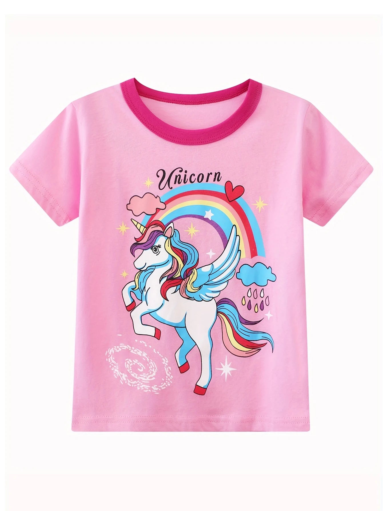 Girls 2-piece Trendy Pajama Sets Cartoon Unicorn Pattern Round Neck Short Sleeve Top & Full Print Matching Pants Casual PJ Sets