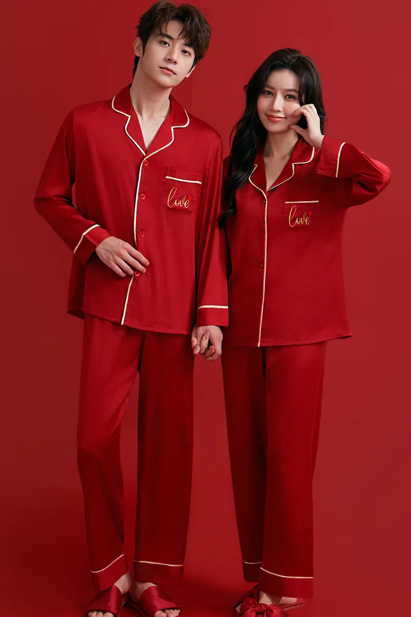 Couples Casual Red Pajamas Ice Silk Women Mens Pajama Pants Sets Satin Long Sleeve Sleepwear Home Pijama Night Wear Loungewear
