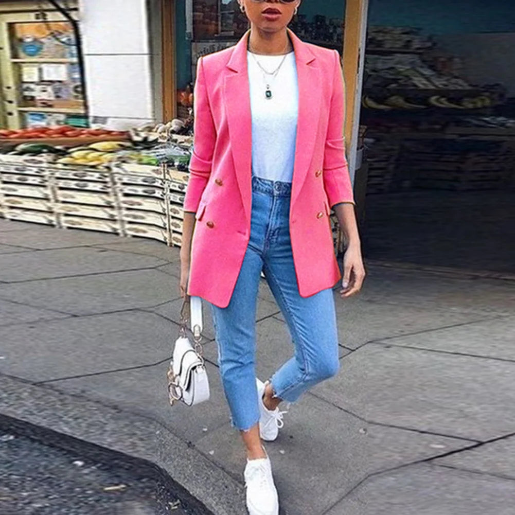 2023 Autumn/Winter New Women's Solid Button Women's Suit Fashion Pocket Polo Collar Cardigan Temperament Suit Coat Office Lady
