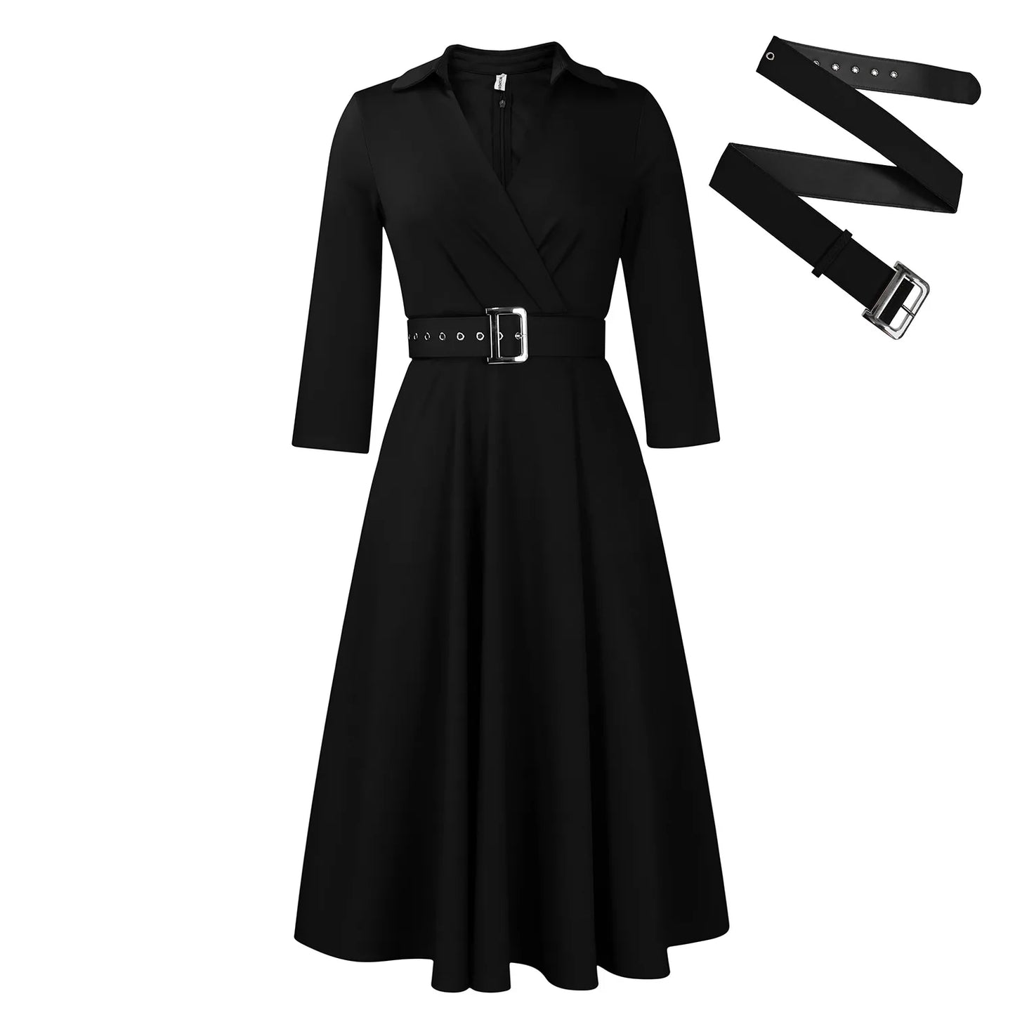 Large size women's 2025 autumn new lapel fashion temperament solid color swing skirt dress