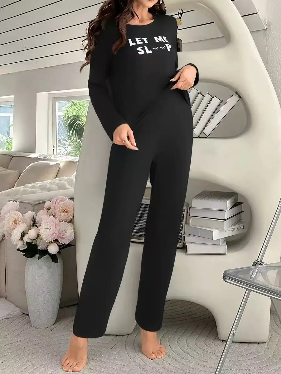 Women's Pyjama Set Fashionable Alphabet Print Round Neck Top and Long Trousers Set Simple and Casual Homewear