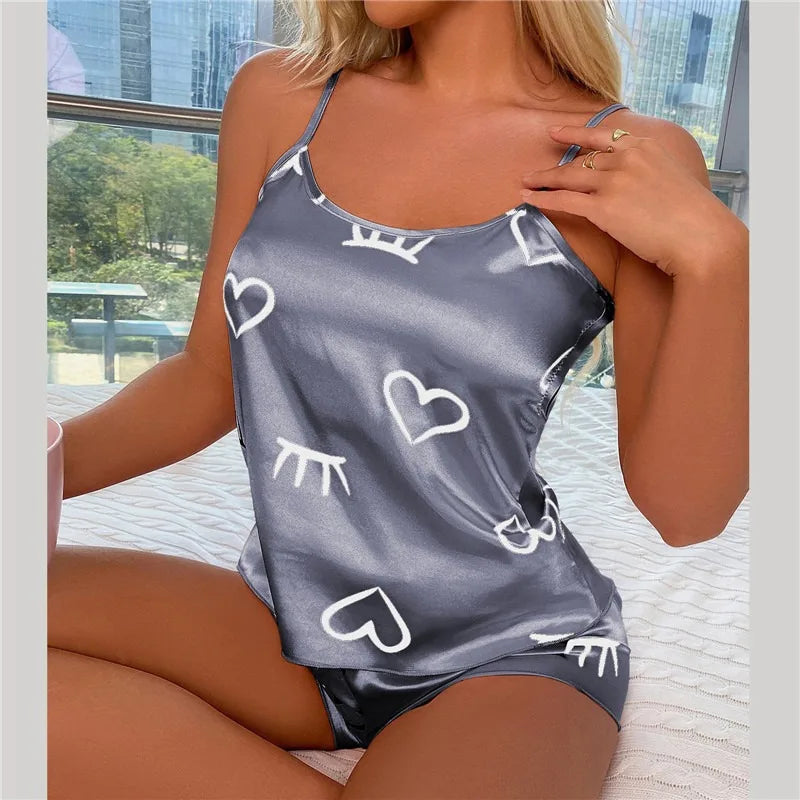 Women Ice Silk Pajamas Sleepwear Pajama Set Camisole Shorts L XL XXL Gray Pink Low Cut Comfortable Casual Summer