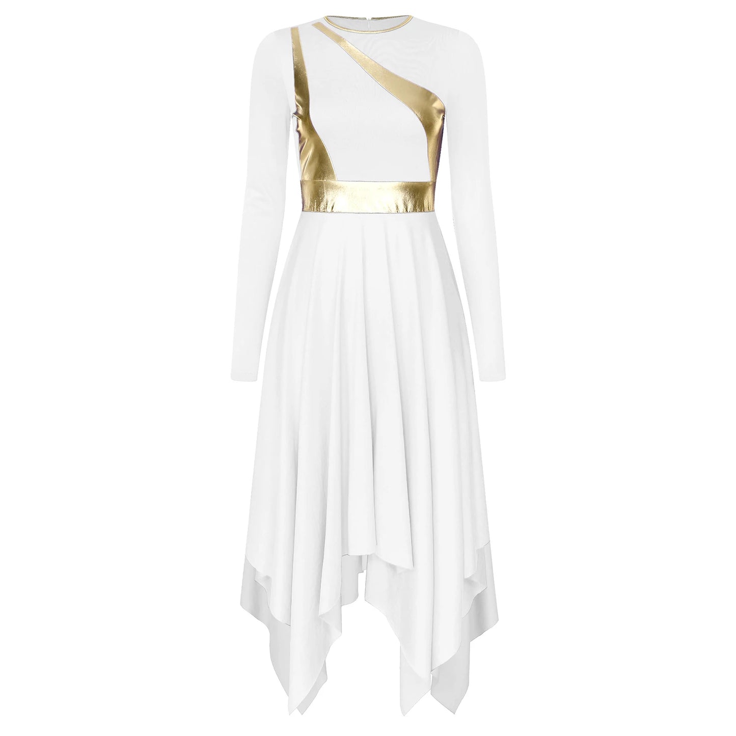 Women Church Choir Worship Liturgical Dress Modern Lyrical Dance Waltz Stage Performance Costume Long Sleeve Metallic Shiny Gown