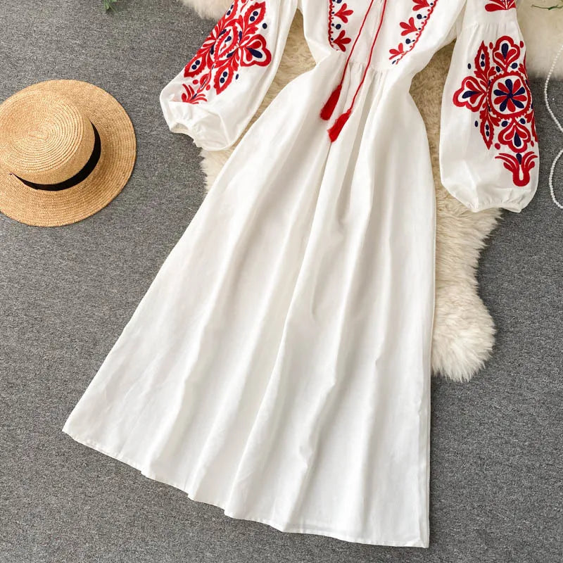 Bohemian Embroidered Dress for Women, Boho, Flower, O-Neck, Lantern Long Sleeve, High Waist, Cotton, White, Spring