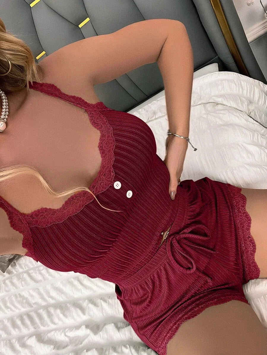 Best-selling ribbed knit women's solid-color sexy casual two-piece pajama set (camisole & shorts) for home wear