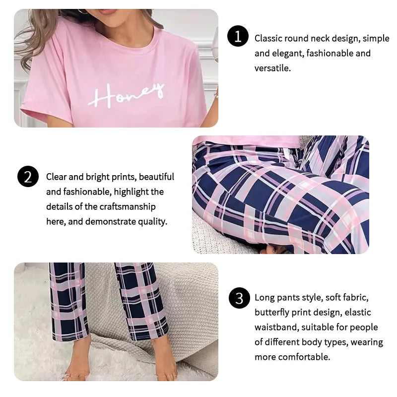 Women's Pajama Pj Set Letter Print Short Sleeve Top & Plaid Print Pants with Bow Details Casual Sleepwear for Adults All Seasons