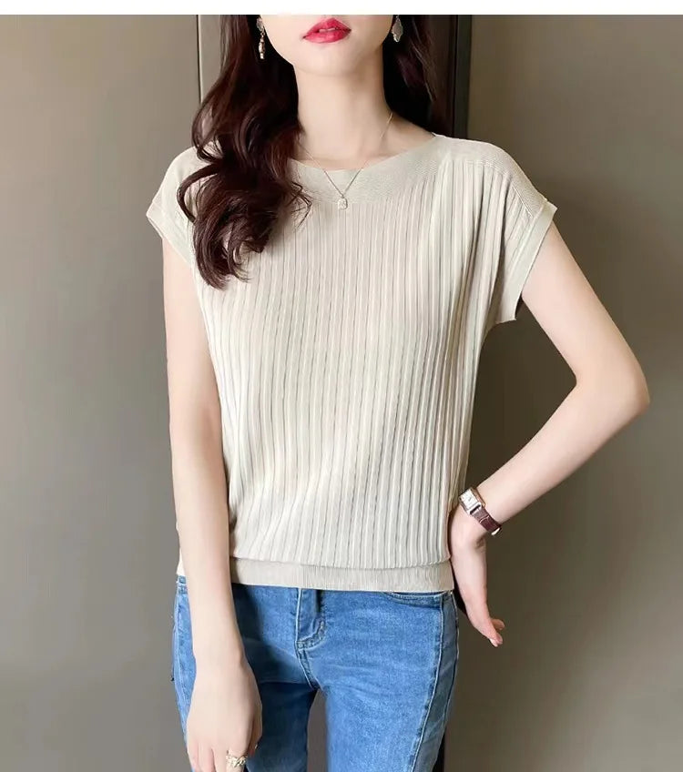 2025 New Spring Autumn Fashion Straight Neck  Knitted Sweater Short Sleeve Women Solid Color Simple Casual Tops Fema