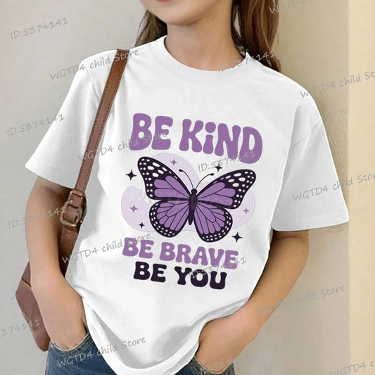 Children's Clothing Be Kind Be Brave Be You T-shirt Kids Retro Little Girl Quotes Graphic Tee Butterfly Lover Soft Cotton Tee
