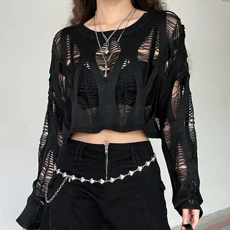Vintage Hole Ripped Knitted Smock Tops Sexy Fashion Cropped Pullover Hollow Out Spring Autumn Sweater Knitwear Y2k Top Clothes